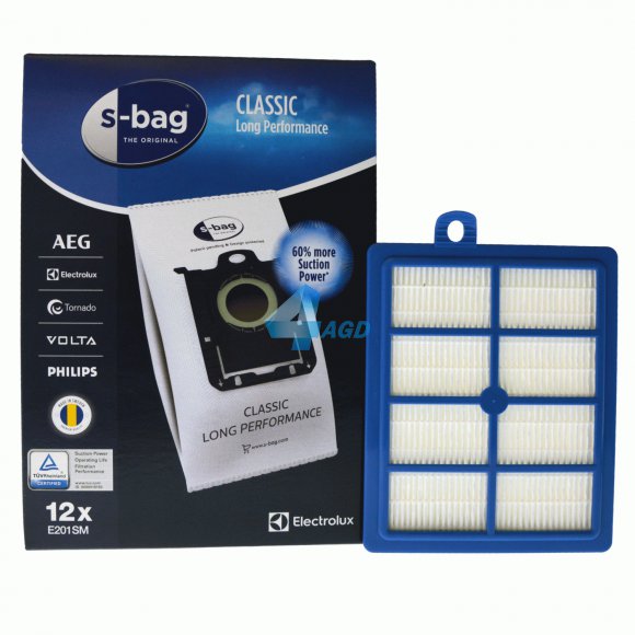 Worki Oryginał S-BAG E201SM Classic Long Performance 12szt + Filtr Hepa 